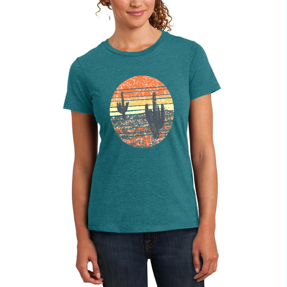 Vintage Cactus Sunset Womens Soft Heather T Shirt Women's T-Shirts Old Glory 2XL Teal 