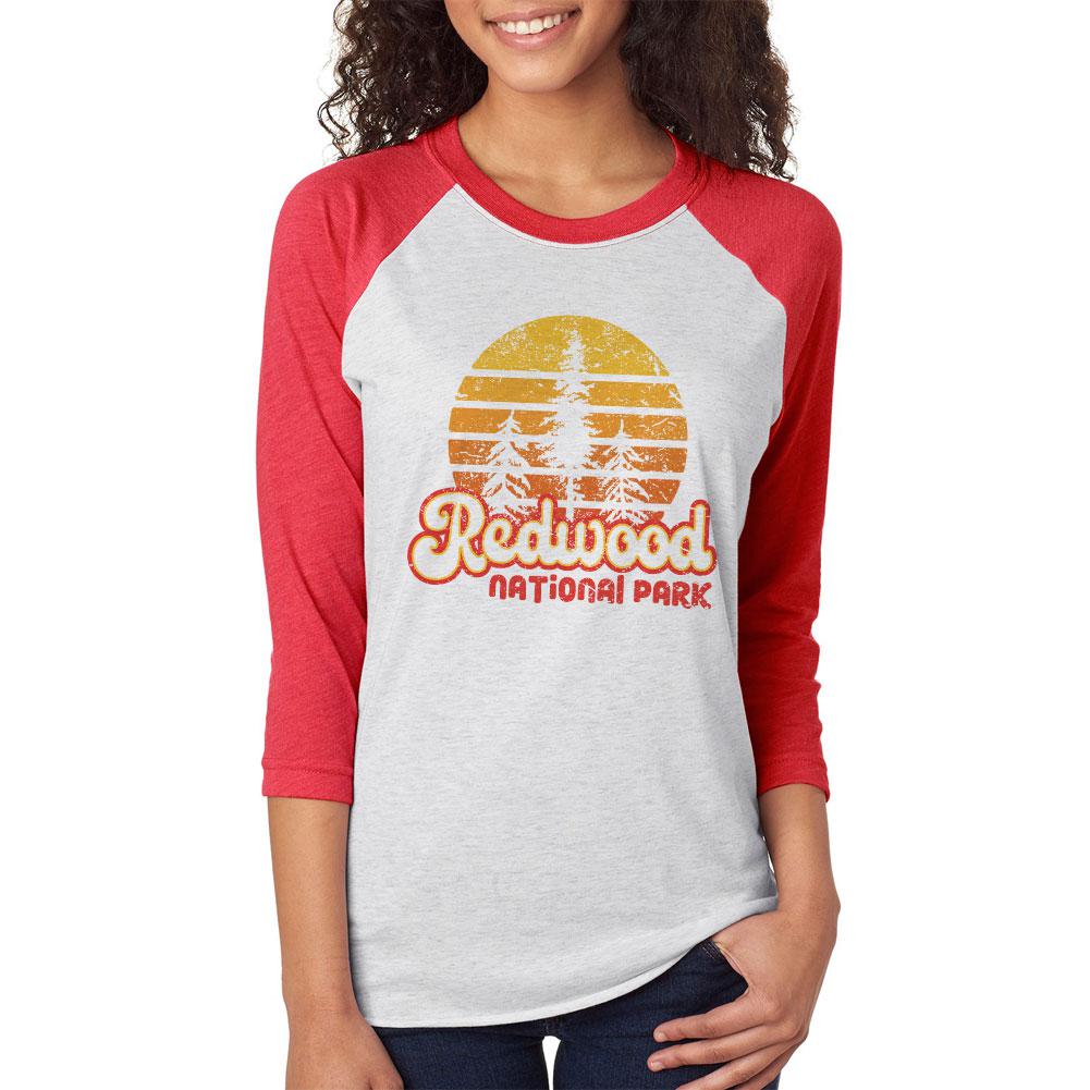 National Park Retro 70s Sunset Redwood Unisex Raglan T Shirt Men's T-Shirts Old Glory 2XL White 