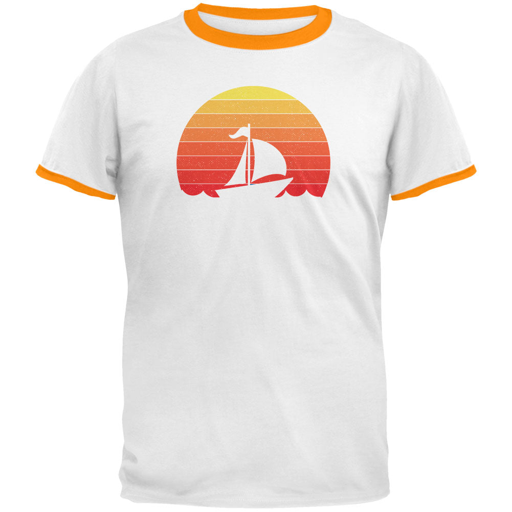 Marina Ocean Sail Boat Silhouette Retro Sunset Mens Ringer T Shirt Men's T-Shirts Old Glory LG White-Gold 