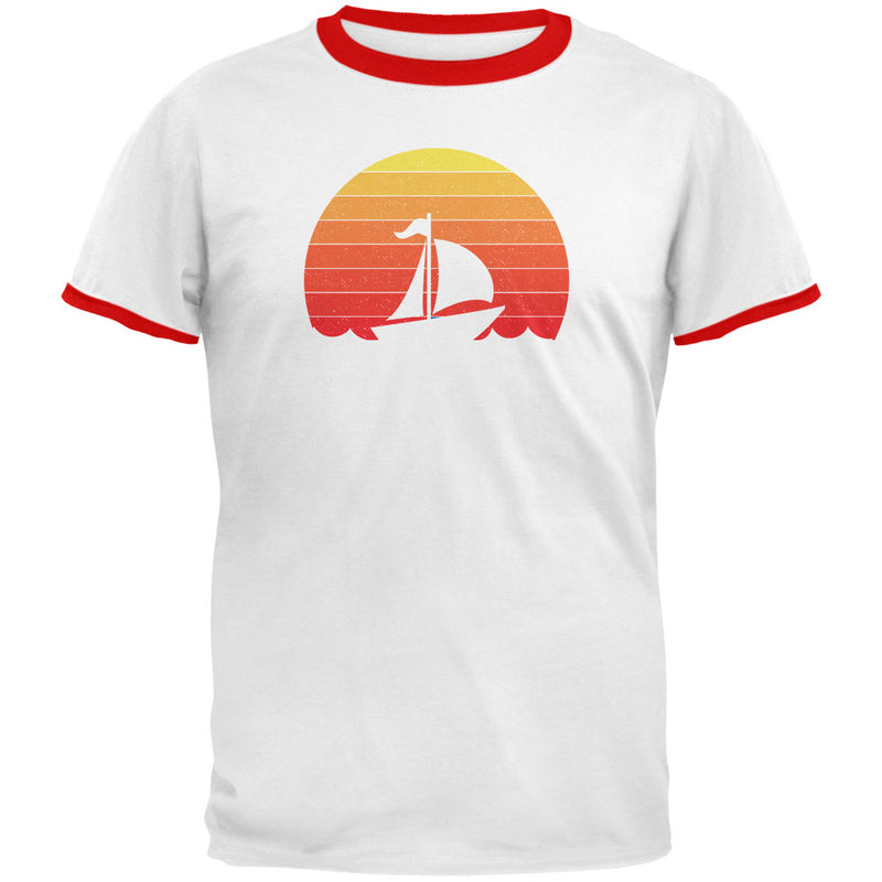 Marina Ocean Sail Boat Silhouette Retro Sunset Mens Ringer T Shirt Men's T-Shirts Old Glory MD White-Red 