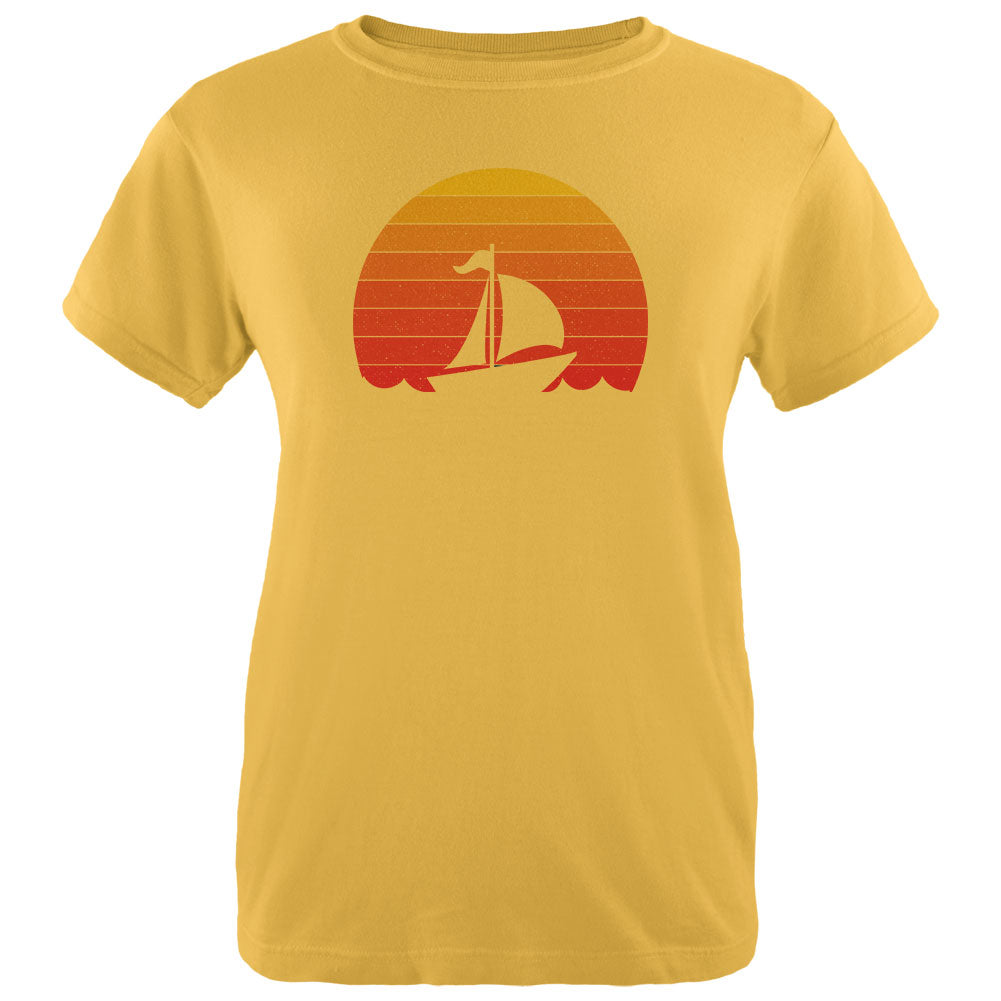 Marina Ocean Sail Boat Silhouette Retro Sunset Womens T Shirt Women's T-Shirts Old Glory SM Yellow 