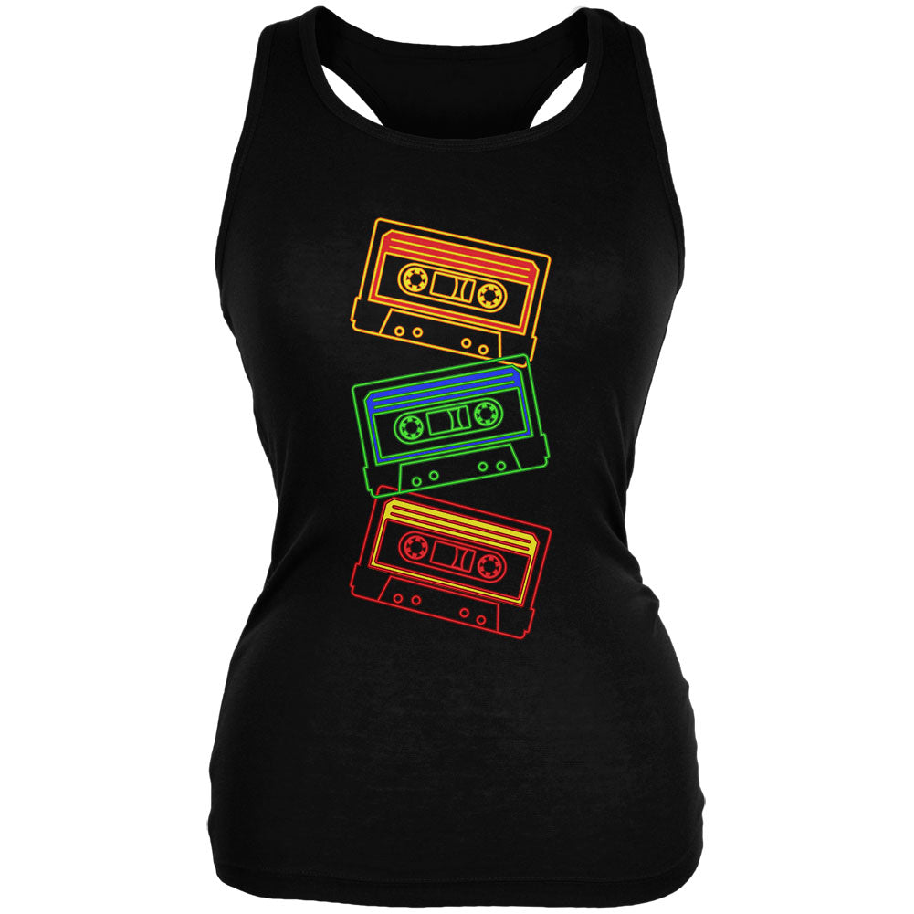 Retro 80s Neon Sign Cassette Tape Stacked Juniors Soft Tank Top Juniors Tank Tops Old Glory 2XL Black 