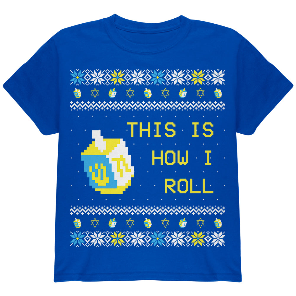 Hanukkah This is How I Roll Dreidel Ugly Christmas Sweater Youth T Shirt Youth T-Shirts Old Glory YLG Royal 