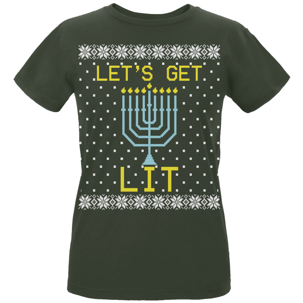 Menorah Get Lit Ugly Hanukkah Sweater Womens Organic T Shirt Women's T-Shirts Old Glory LG City Green 