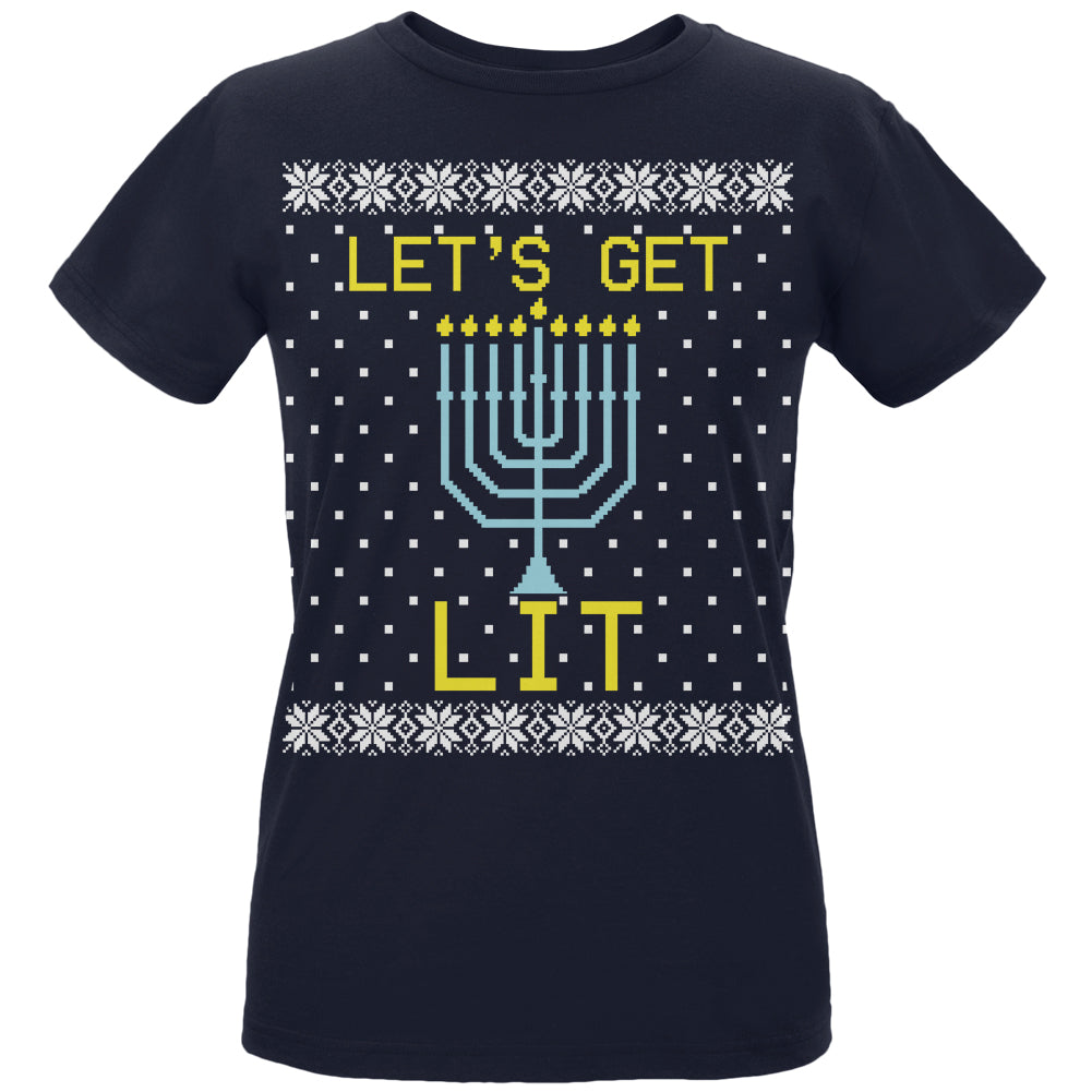 Menorah Get Lit Ugly Hanukkah Sweater Womens Organic T Shirt Women's T-Shirts Old Glory LG Navy 