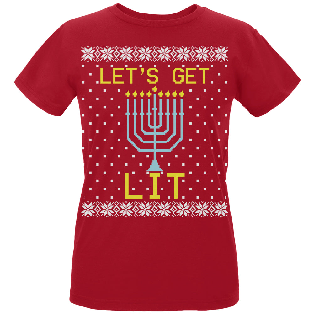 Menorah Get Lit Ugly Hanukkah Sweater Womens Organic T Shirt Women's T-Shirts Old Glory LG Red 