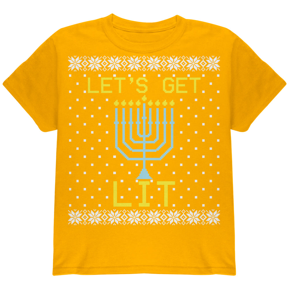 Menorah Get Lit Ugly Hanukkah Sweater Youth T Shirt Youth T-Shirts Old Glory YLG Gold 