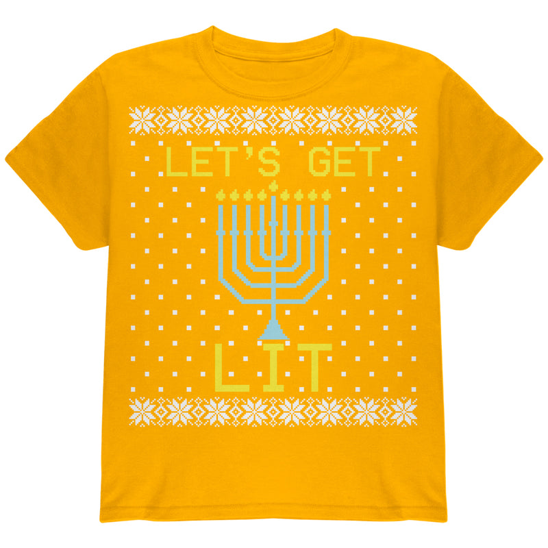 Menorah Get Lit Ugly Hanukkah Sweater Youth T Shirt Youth T-Shirts Old Glory YLG Gold 