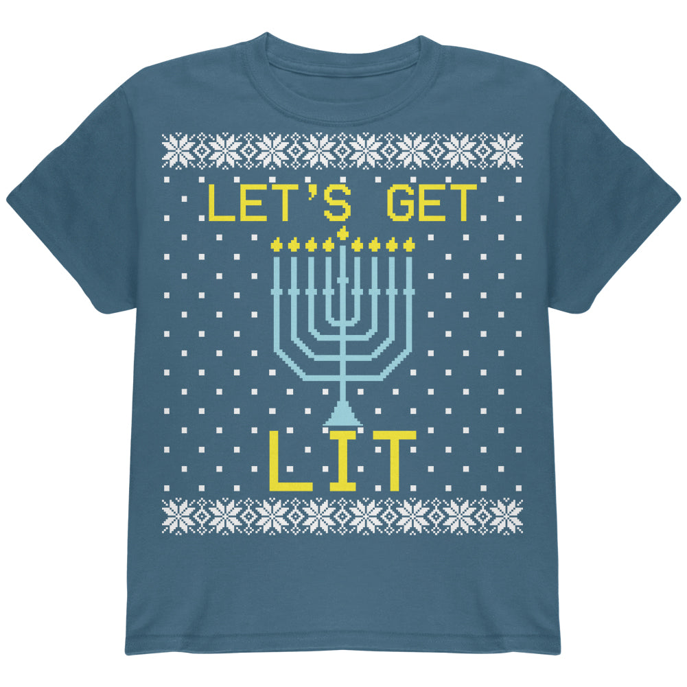 Menorah Get Lit Ugly Hanukkah Sweater Youth T Shirt Youth T-Shirts Old Glory YLG Indigo Blue 