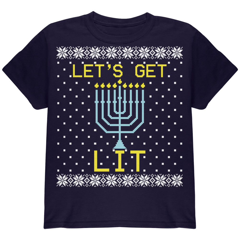 Menorah Get Lit Ugly Hanukkah Sweater Youth T Shirt Youth T-Shirts Old Glory YLG Navy 