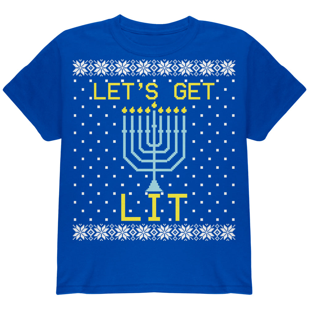 Menorah Get Lit Ugly Hanukkah Sweater Youth T Shirt Youth T-Shirts Old Glory YLG Royal 