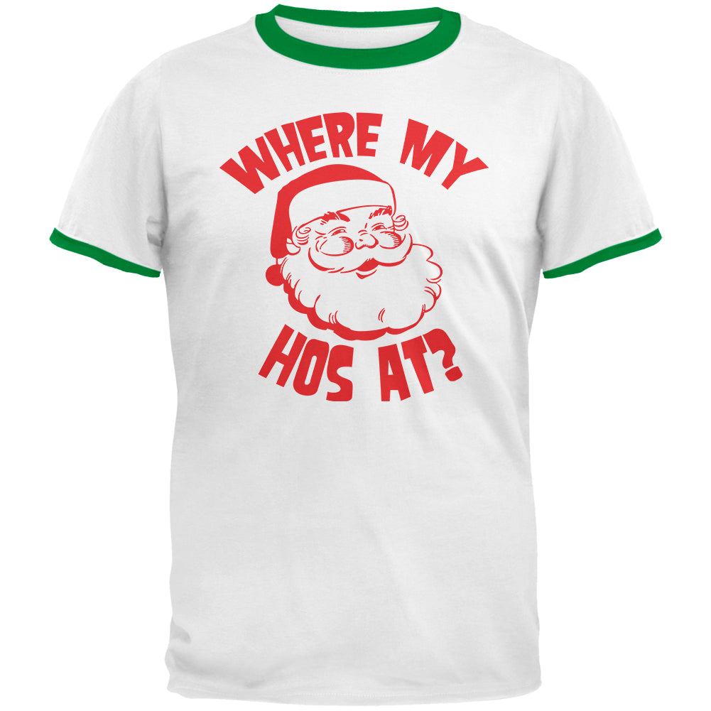 Christmas Where My Hos At? Mens Ringer T Shirt Men's T-Shirts Old Glory 2XL White-Kelly 