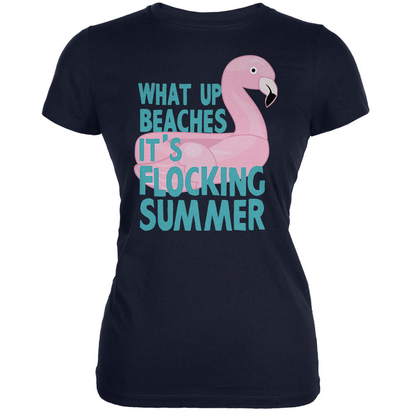 Flamingo What Up Beaches It's Flocking Summer Funny Pun Juniors Soft T Shirt Juniors T-Shirts Old Glory 2XL Navy 