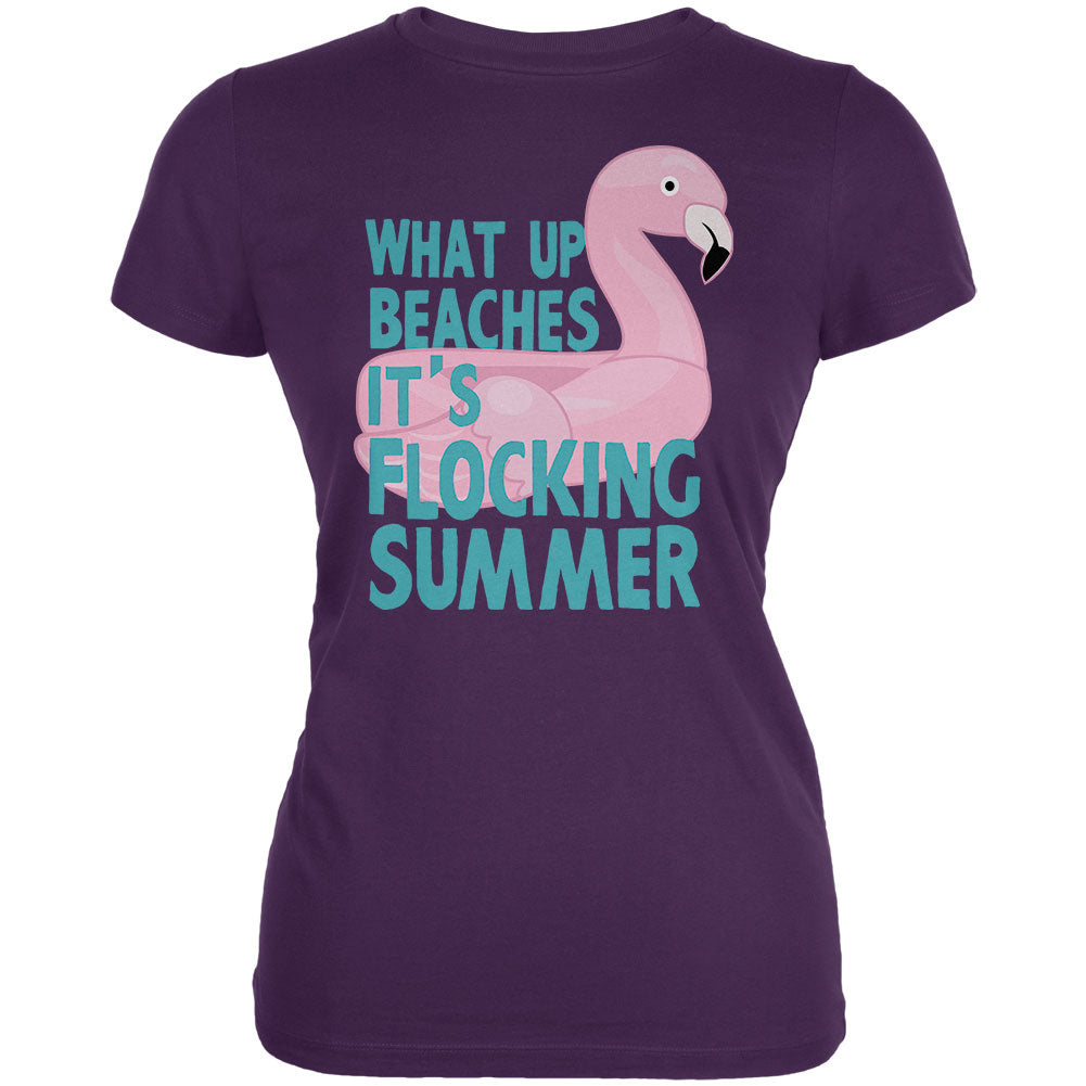 Flamingo What Up Beaches It's Flocking Summer Funny Pun Juniors Soft T Shirt Juniors T-Shirts Old Glory 2XL Purple 