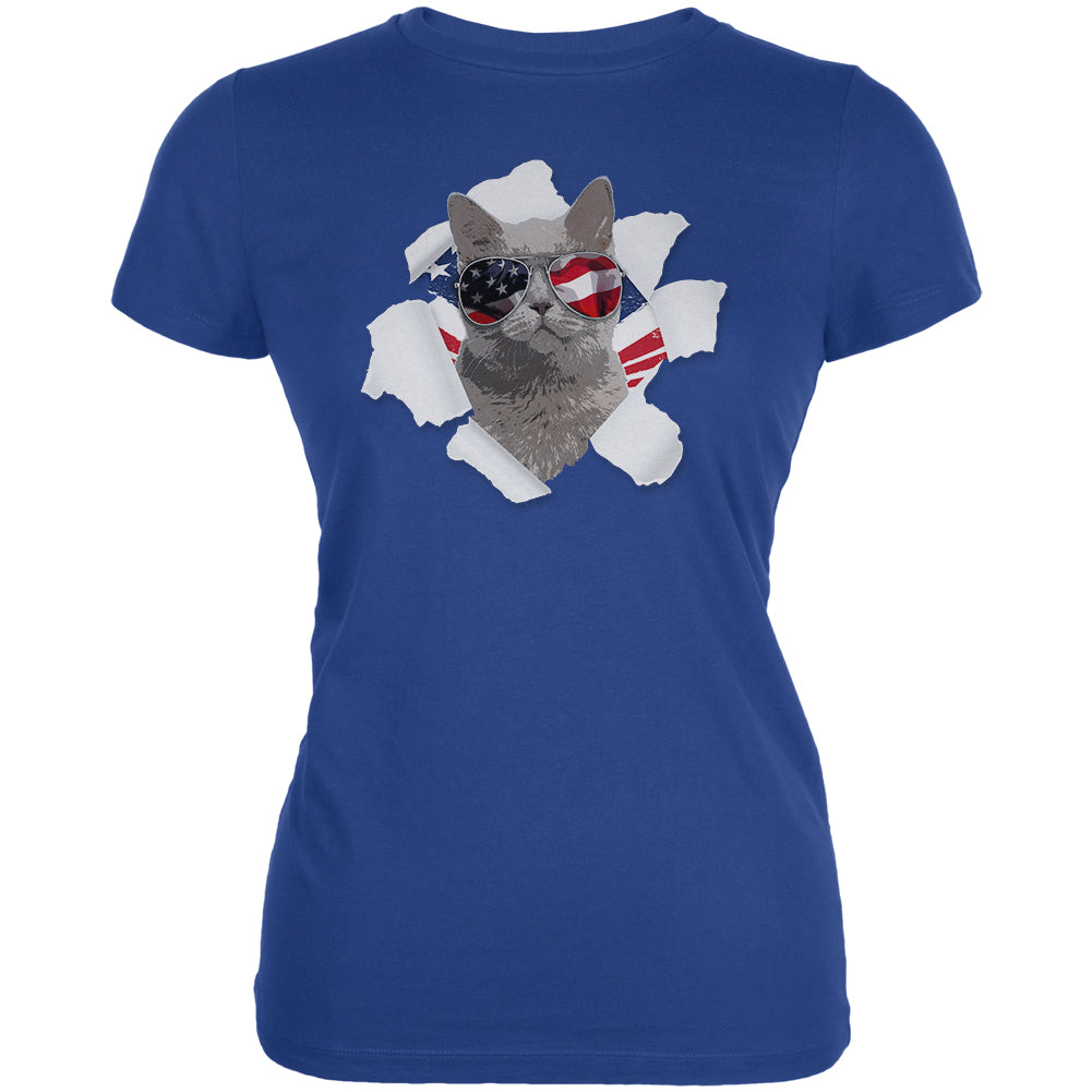 4th of July Meowica Americat Patriot Juniors Soft T Shirt Juniors T-Shirts 4th of July 2XL Blue 