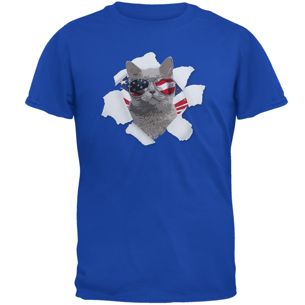 4th of July Meowica Americat Patriot Mens T Shirt Men's T-Shirts 4th of July 2XL Blue 