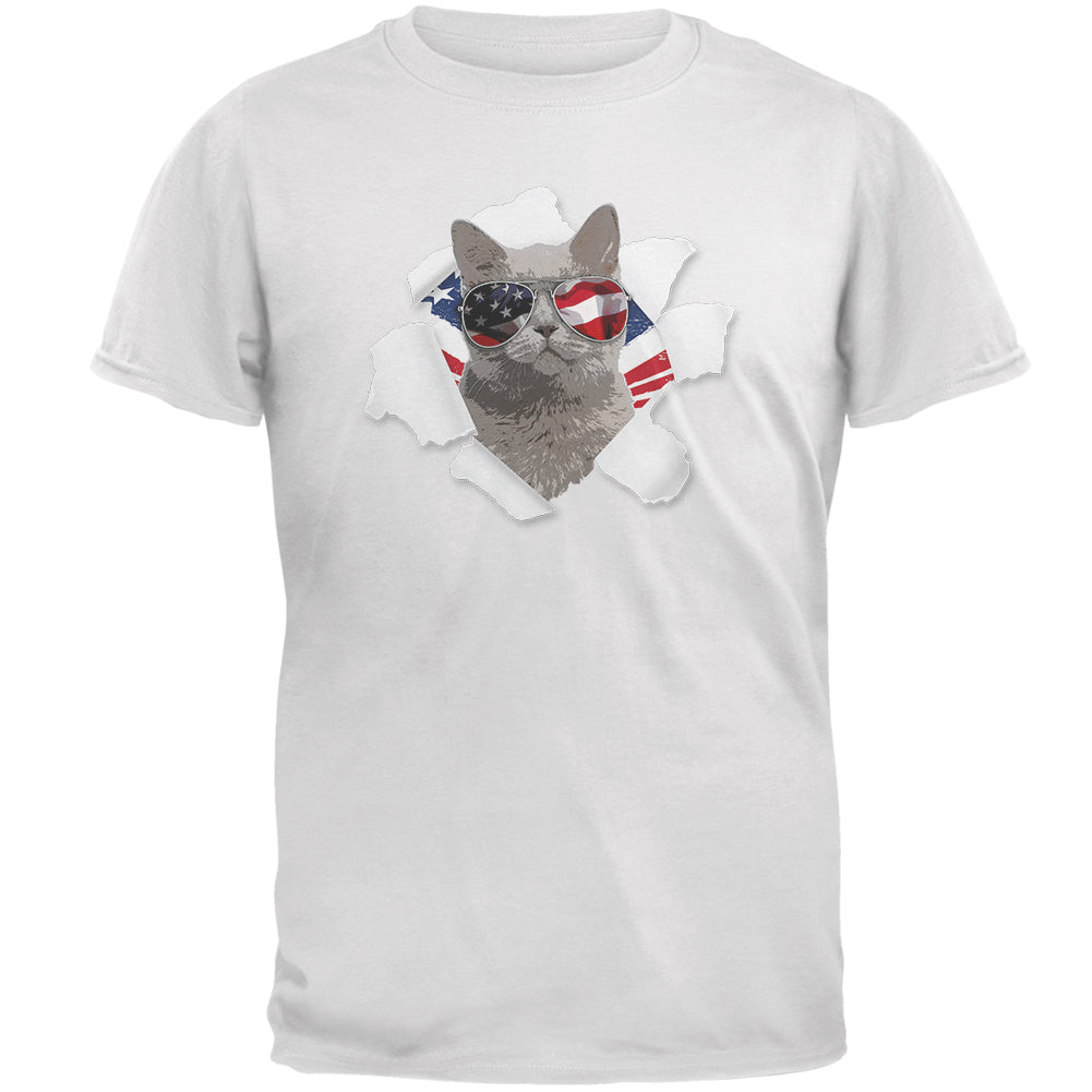 4th of July Meowica Americat Patriot Mens T Shirt Men's T-Shirts 4th of July 2XL White 