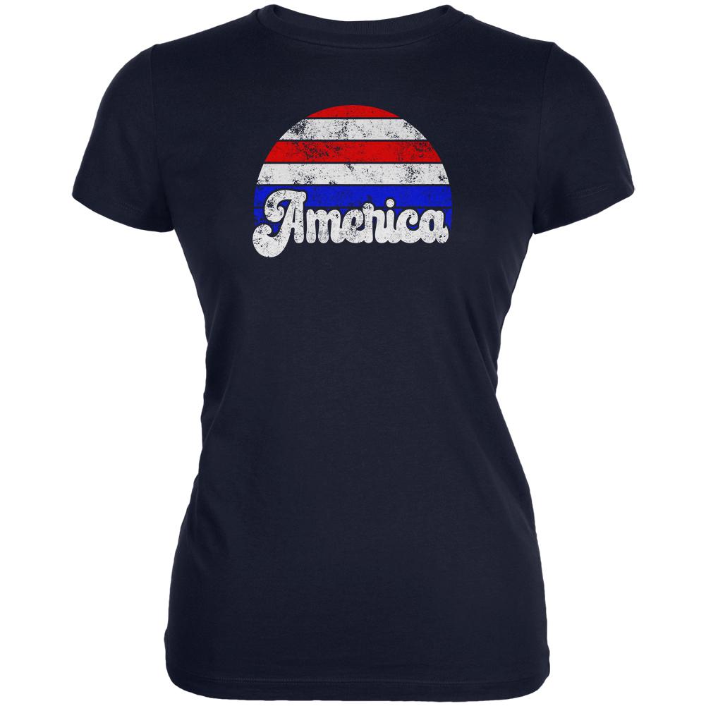 4th of July Vintage Distressed America Sunrise Juniors Soft T Shirt Juniors T-Shirts Old Glory 2XL Navy 