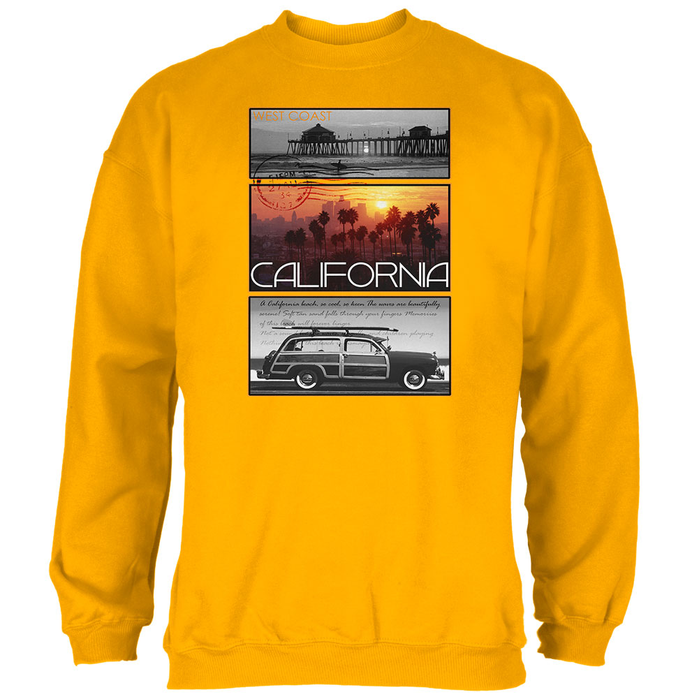 West Coast Postcard Pier Palm California Mens Sweatshirt Men's Sweatshirts Old Glory 2XL Yellow 