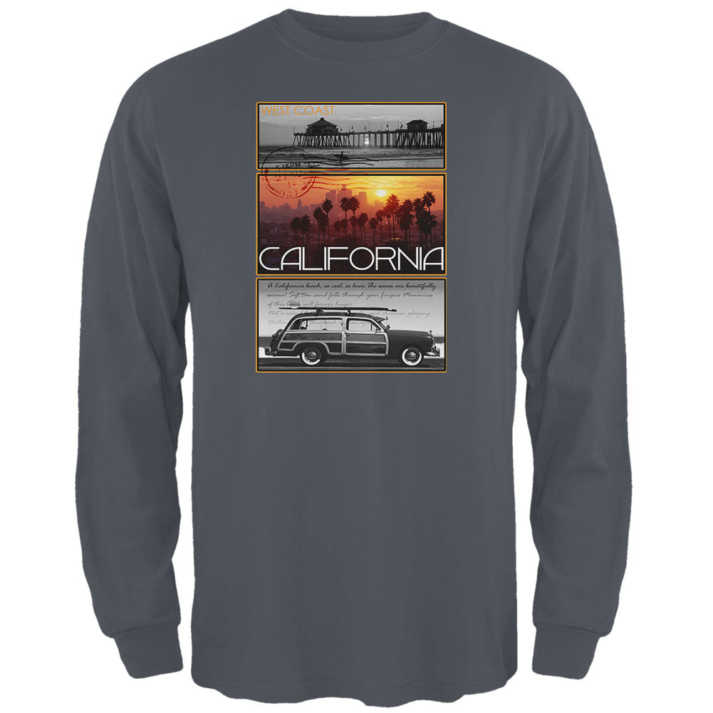 West Coast Postcard Pier Palm California Mens Long Sleeve T Shirt Men's Long Sleeves Old Glory 2XL Grey 