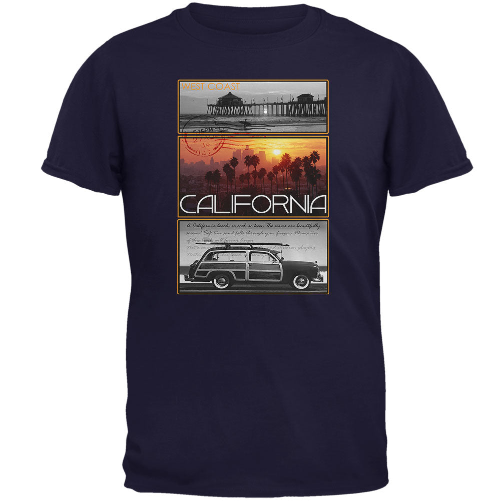 West Coast Postcard Pier Palm California Mens T Shirt Men's T-Shirts Old Glory 2XL Navy 