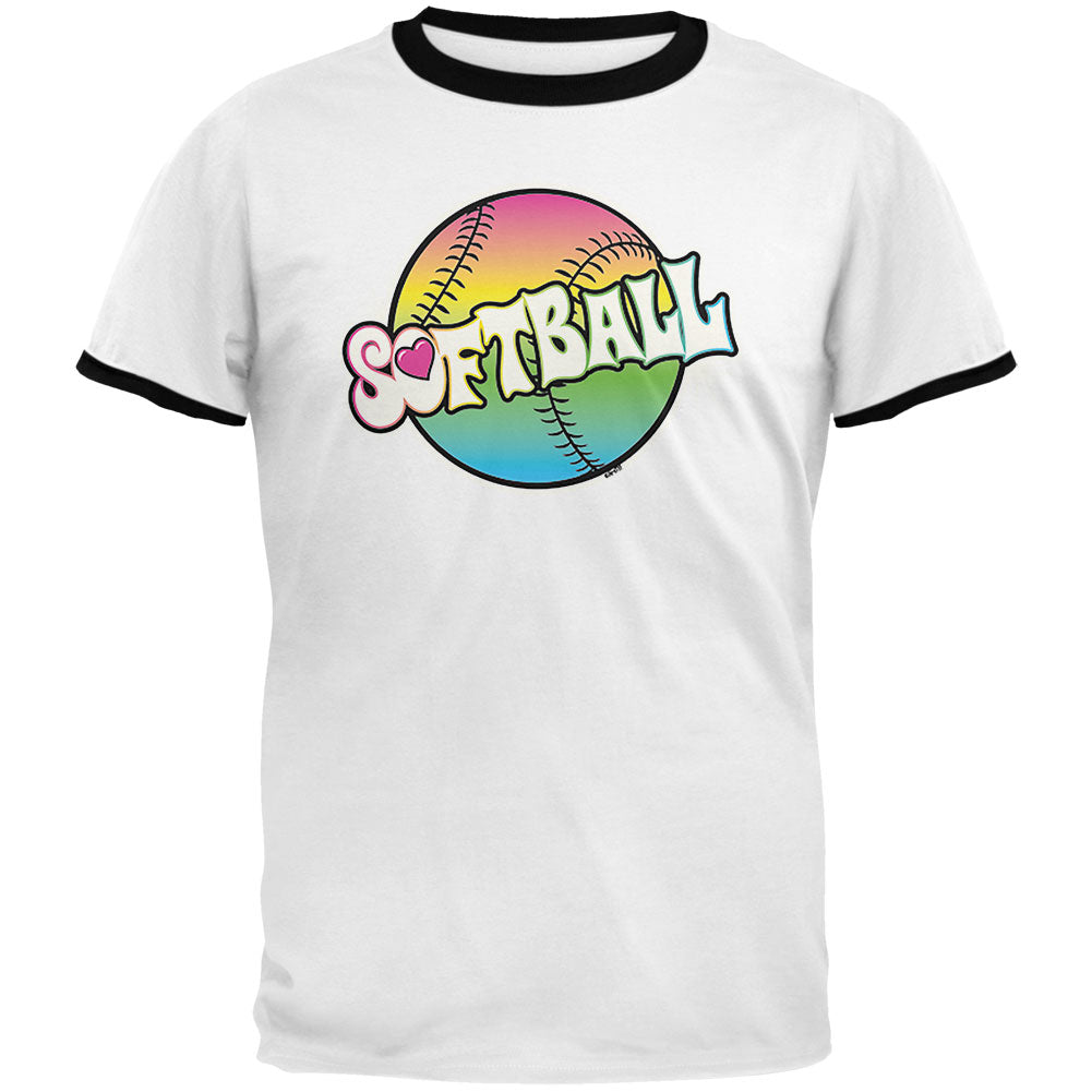 Rainbow Softball Neon Mens Ringer T Shirt Men's T-Shirts Softball SM White 