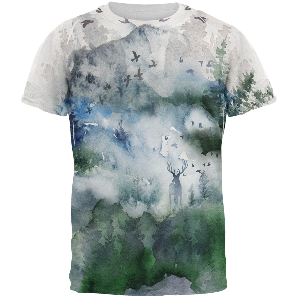 Watercolor Deer in the Mist All Over Mens T Shirt Men's T-Shirts Old Glory 2XL Multicolored 