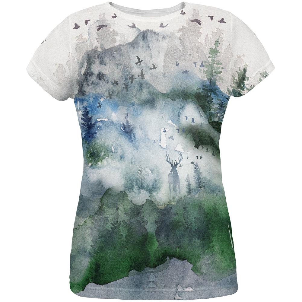 Watercolor Deer in the Mist All Over Womens T Shirt Women's T-Shirts Old Glory LG Multicolored 