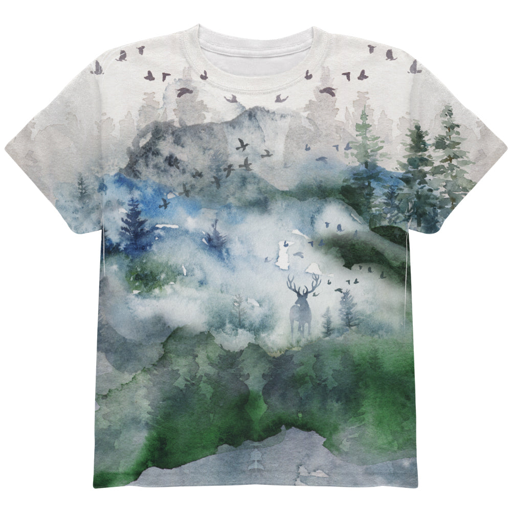 Watercolor Deer in the Mist All Over Youth T Shirt Youth T-Shirts Old Glory YLG Multicolored 