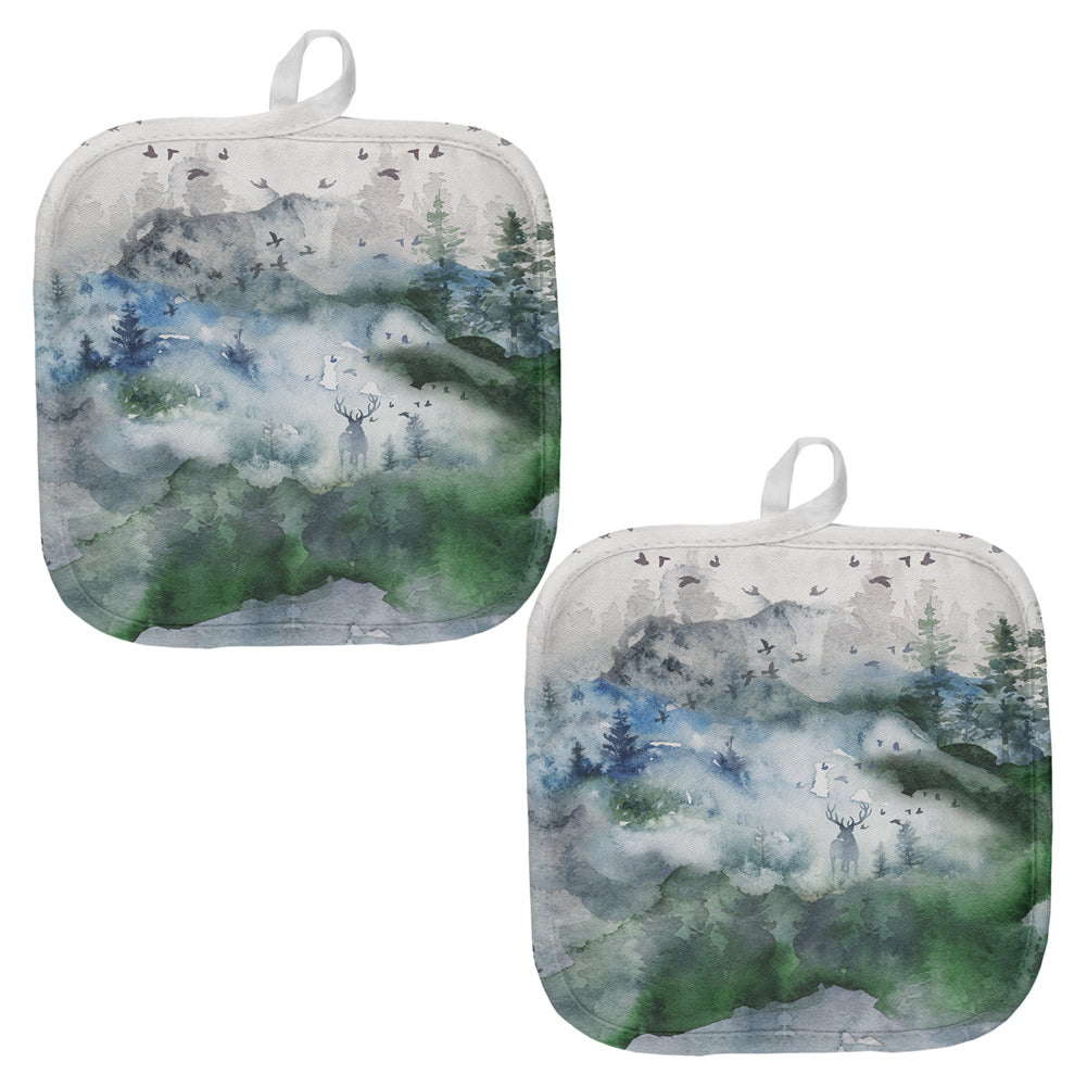 Watercolor Deer in the Mist All Over Pot Holder (Set of 2) Pot Holders Old Glory OS Multicolored 