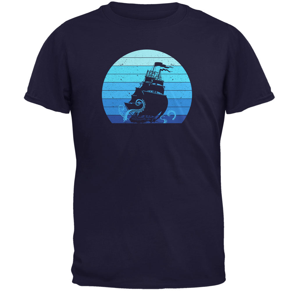 Marine Ocean Sail Boat Octopus Kraken Retro Sun Blue Mens T Shirt Men's T-Shirts Old Glory 2XL Navy 