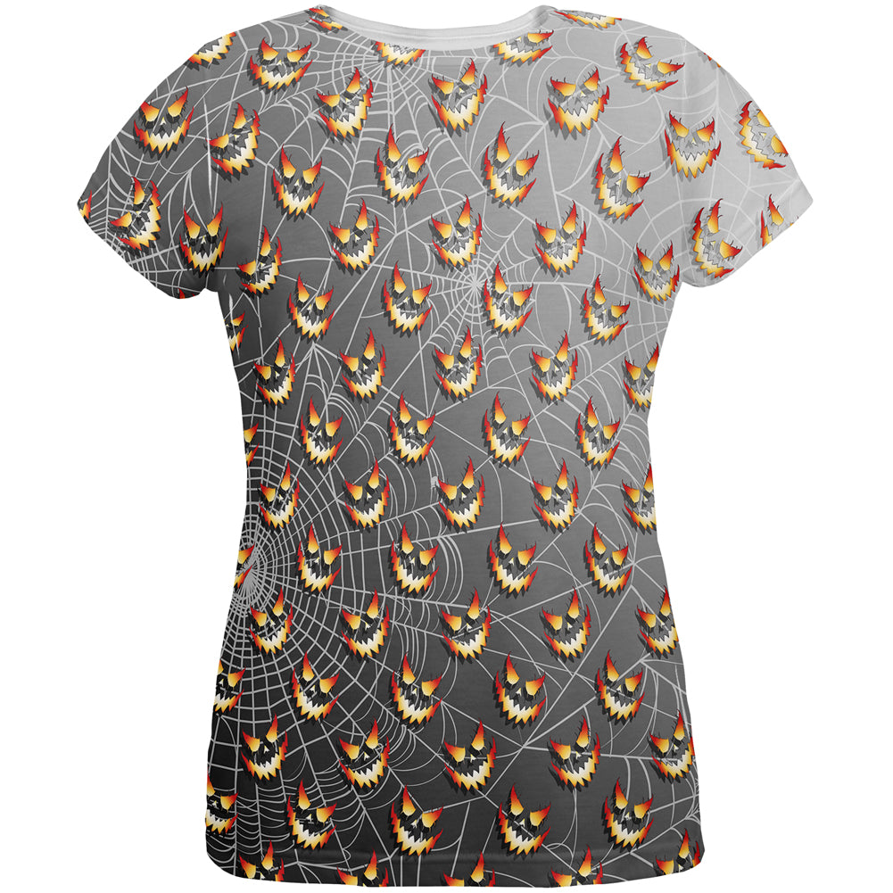 Halloween Spider Webs and Jack-O-Lanterns All Over Womens T Shirt Women's T-Shirts Old Glory LG Multi 