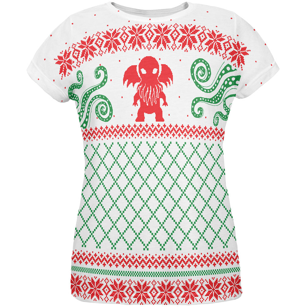 Cthulhu Lovecraft Dimensions Ugly Christmas Sweater All Over Womens T Shirt Women's T-Shirts Old Glory LG Multicolored 