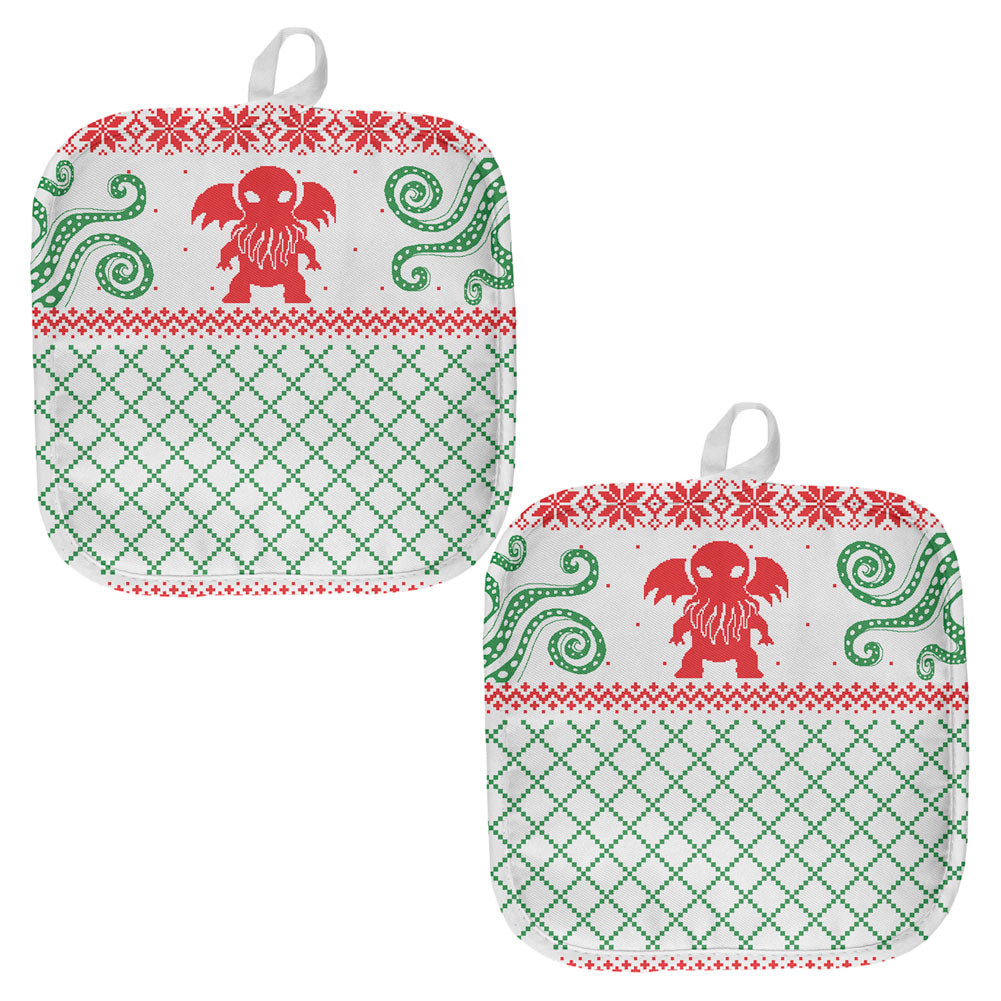 Cthulhu Lovecraft Dimensions Ugly Christmas Sweater Pot Holder (Set of 2) Pot Holders Old Glory OS Multicolored 