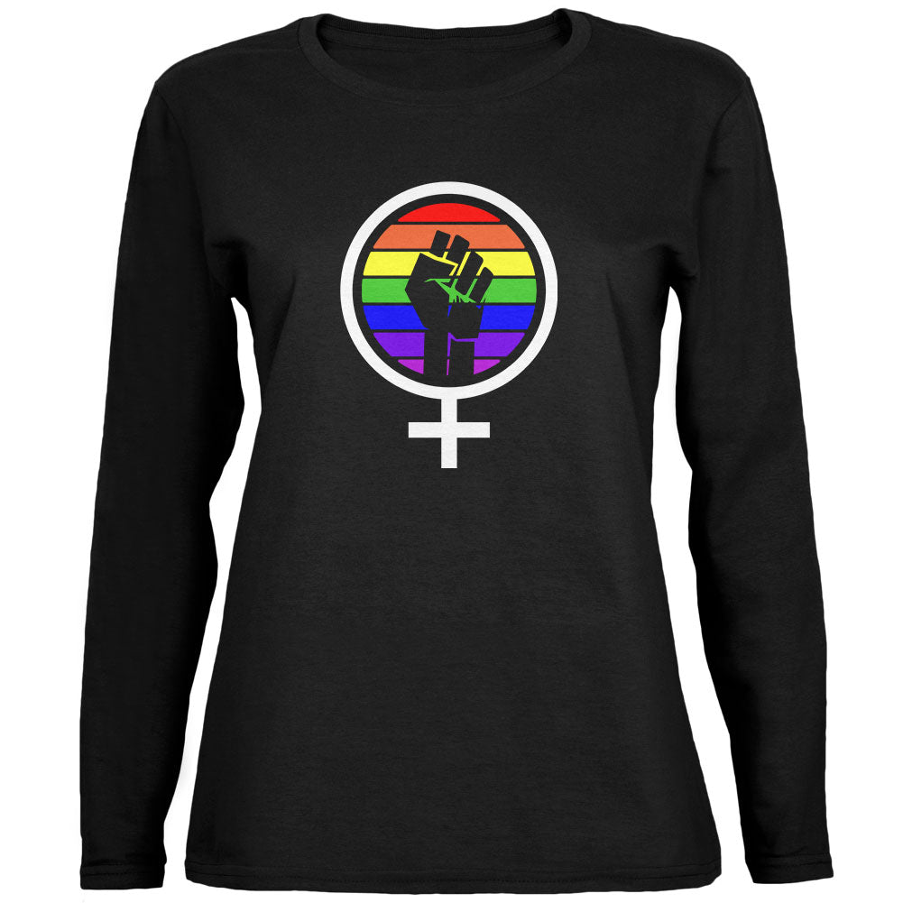 Feminism Raised First 70's Retro Sun Gay Flag Womens Long Sleeve T Shirt Women's Long Sleeves Old Glory 2XL Black 