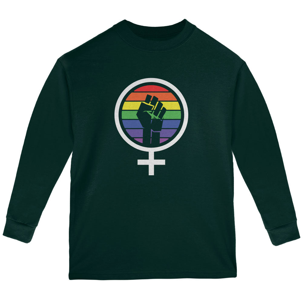 Feminism Raised First 70's Retro Sun Gay Flag Youth Long Sleeve T Shirt Youth Long Sleeves Old Glory YLG Forest Green 