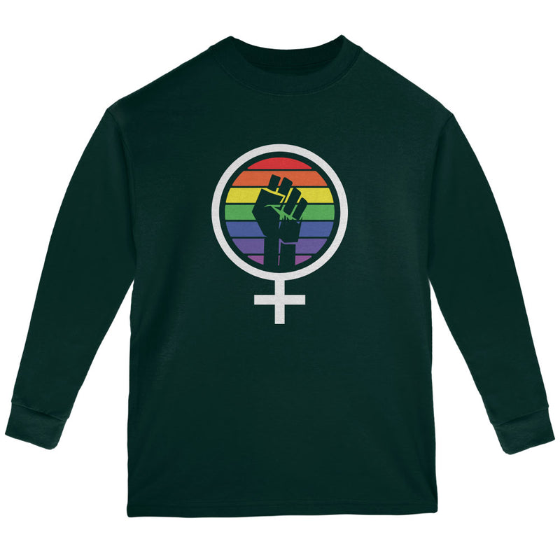 Feminism Raised First 70's Retro Sun Gay Flag Youth Long Sleeve T Shirt Youth Long Sleeves Old Glory YLG Forest Green 