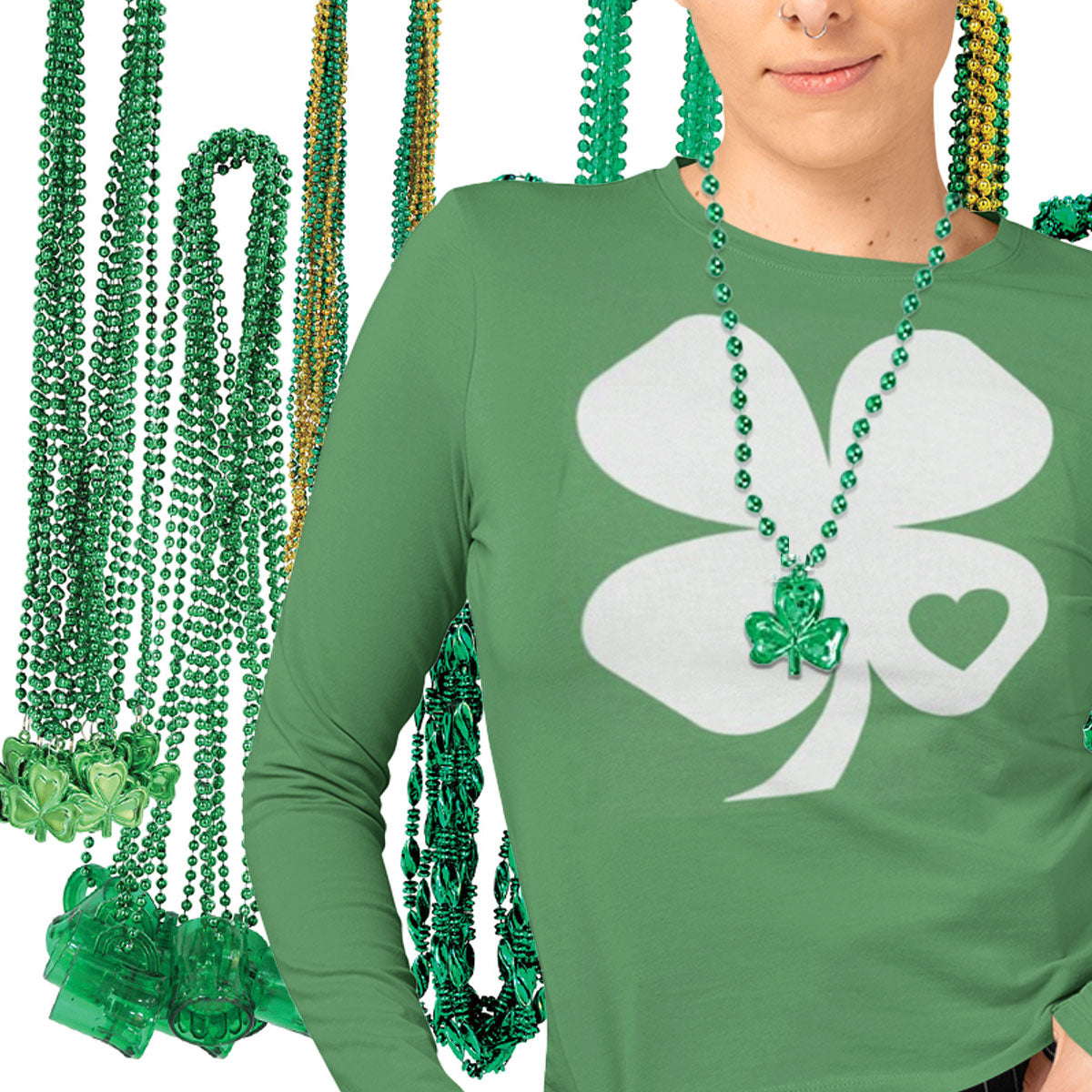 St. Patricks Day Shamrock Heart Women's Long Sleeve T-Shirt and Bead Necklace Combo Women's Long Sleeves Old Glory   