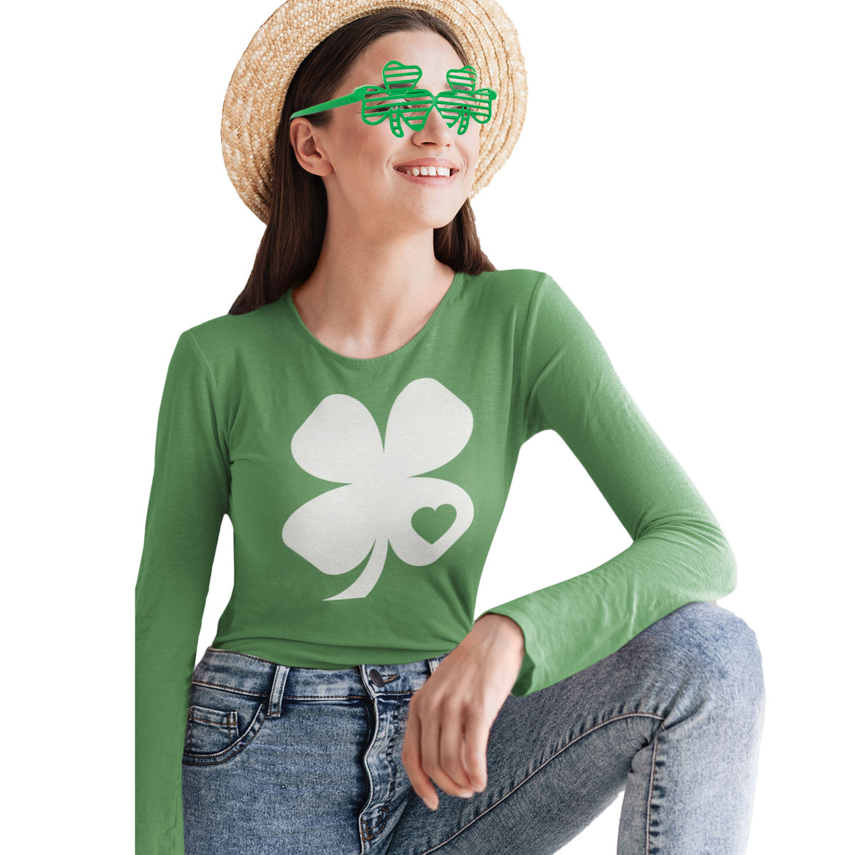 St. Patricks Day Shamrock Heart Green Ladies Long Sleeve T-Shirt and Shamrock Glasses Combo Women's Long Sleeves Old Glory SM Green 