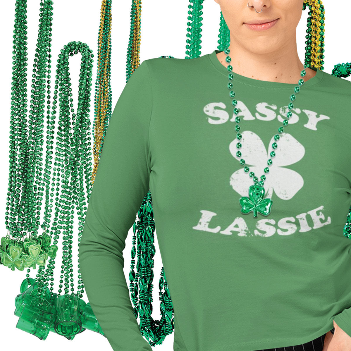 Sassy Lassie Women's Long Sleeve St. Patricks Day T-Shirt and Beaded Necklace Combo Women's Long Sleeves Old Glory   