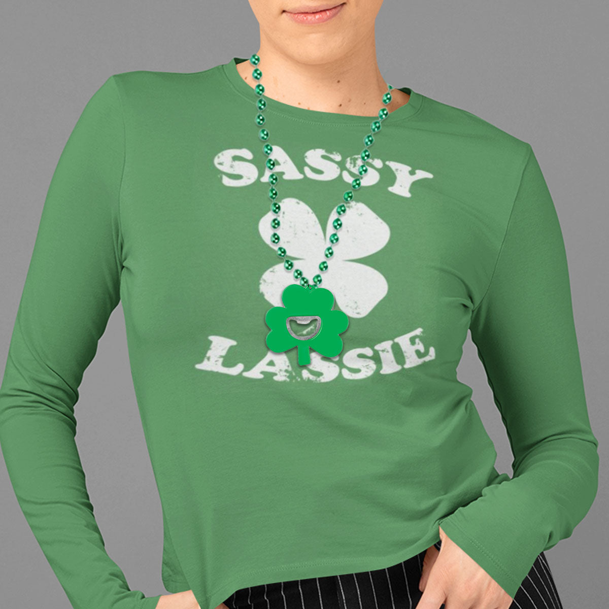 Sassy Lassie Women's Long Sleeve St. Patricks Day T-Shirt and Bottle Opener Necklace Combo Women's Long Sleeves Old Glory   