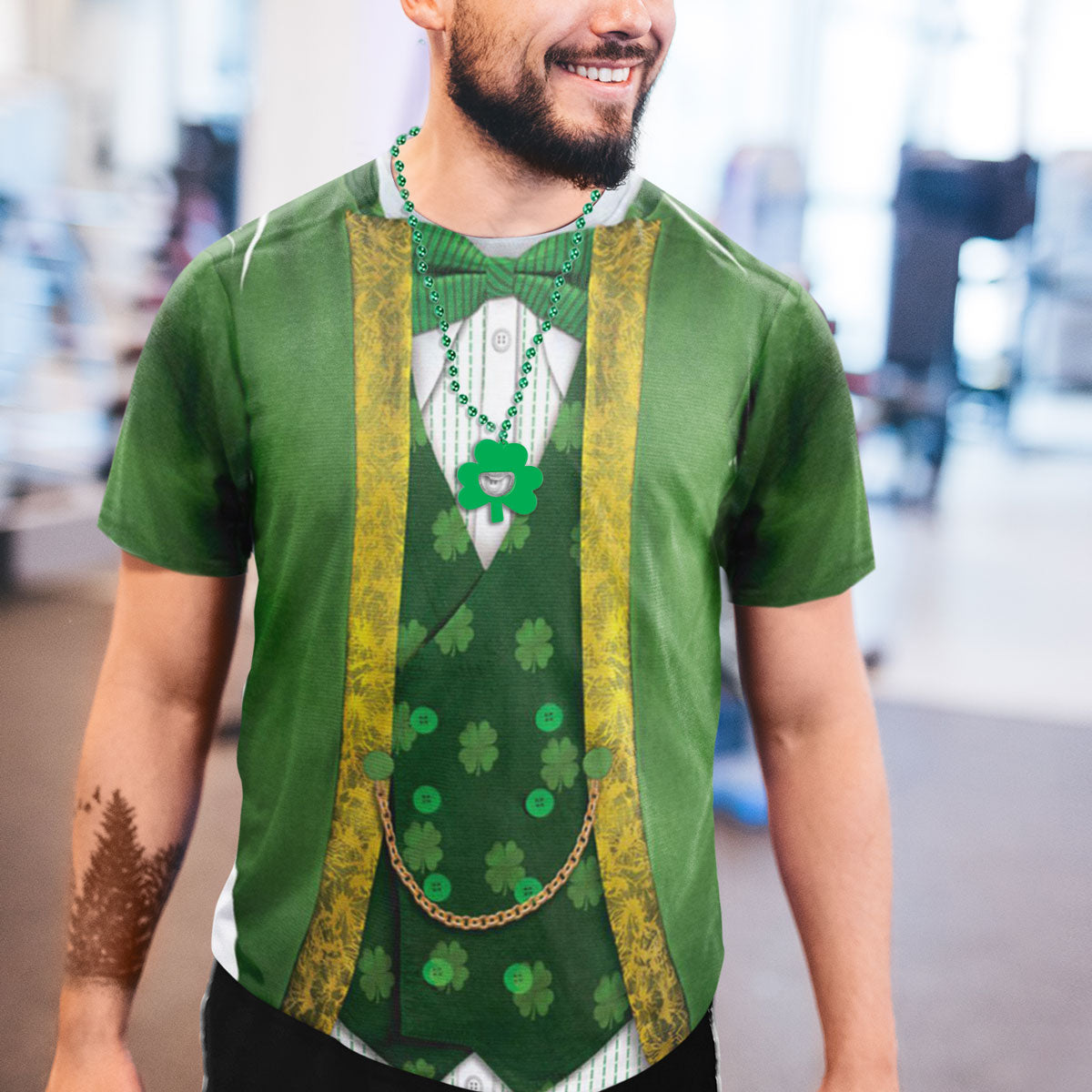 St. Patricks Day Leprechaun Costume All Over Adult T-Shirt with Shamrock Medallion Bottle Opener Combo Men's T-Shirts Old Glory   