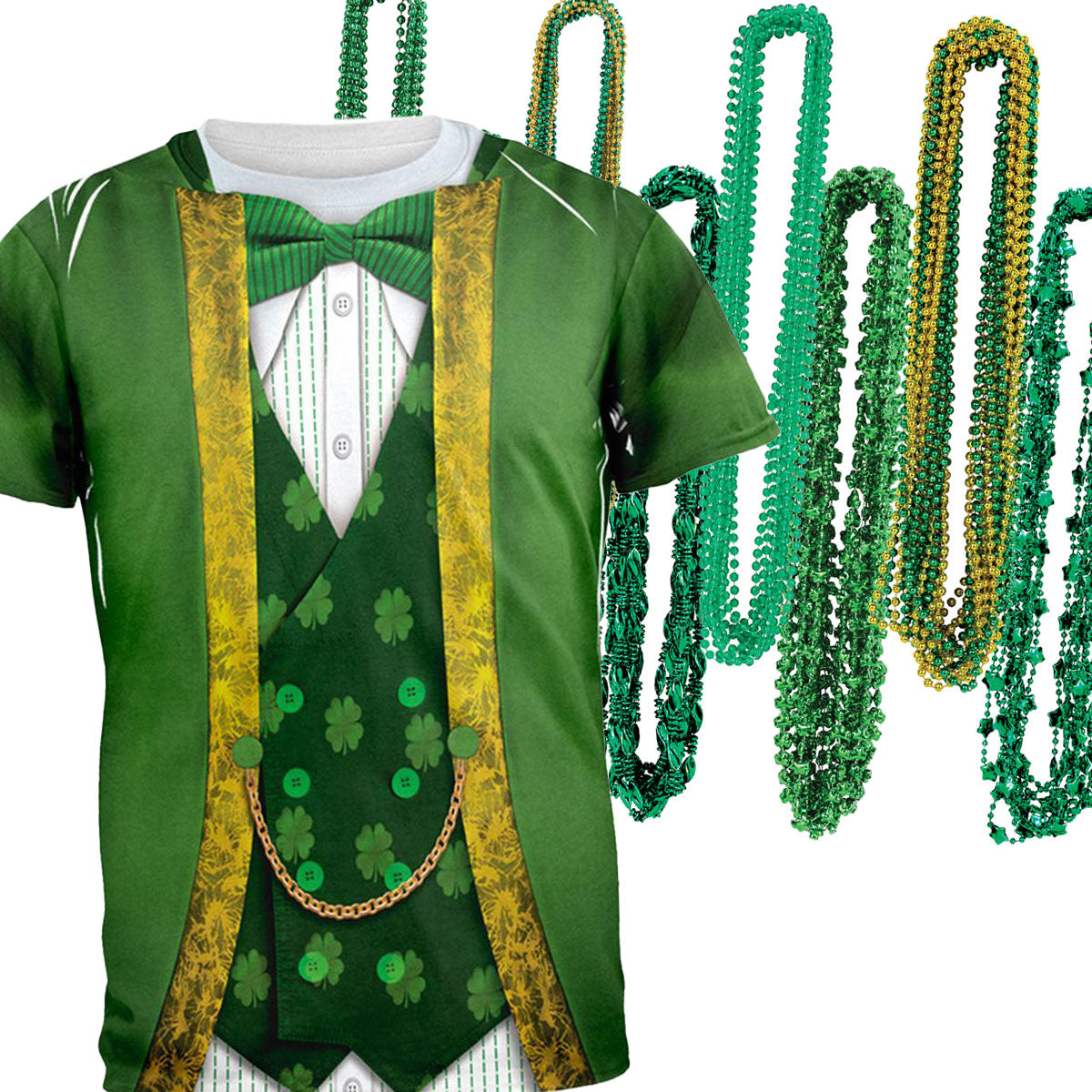 St. Patricks Day Leprechaun Costume All Over Adult T-Shirt with Shamrock Medallion Bottle Opener Combo Men's T-Shirts Old Glory   