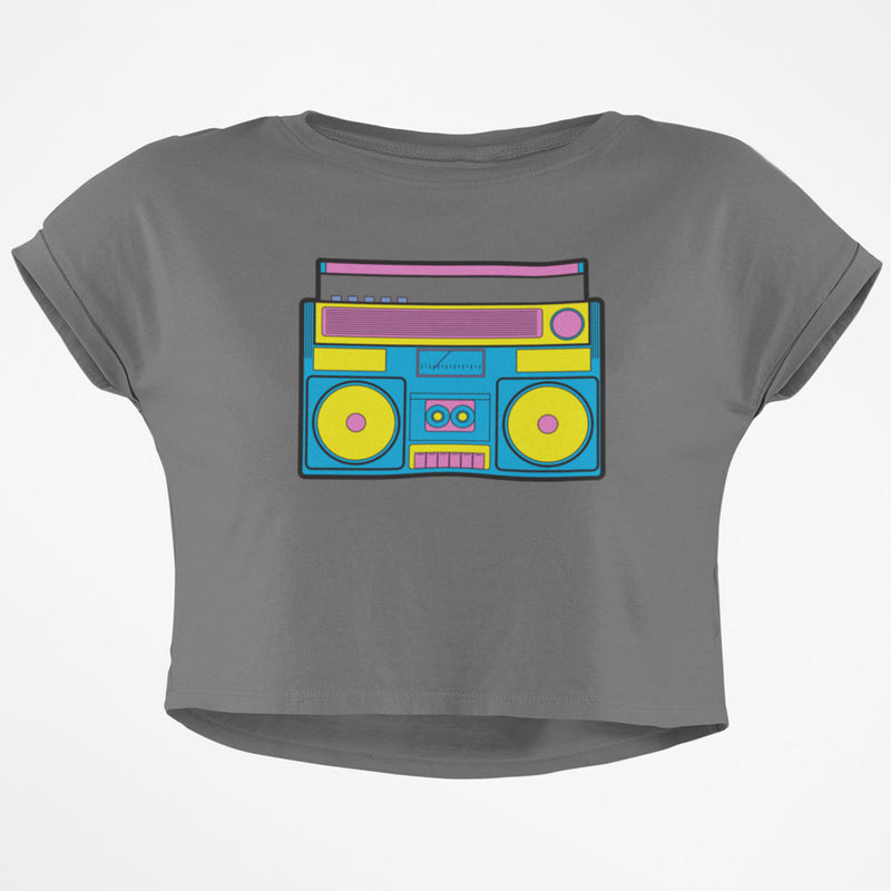 Retro Boombox Stereo Junior Boxy Crop Top T Shirt Juniors Crop T-Shirts Old Glory SM Grey 