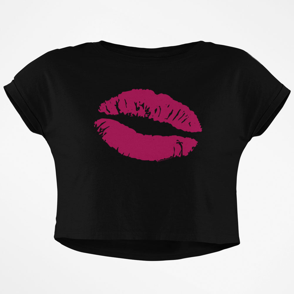 Pink Lips Junior Boxy Crop Top T Shirt Juniors Crop T-Shirts Old Glory SM Black 