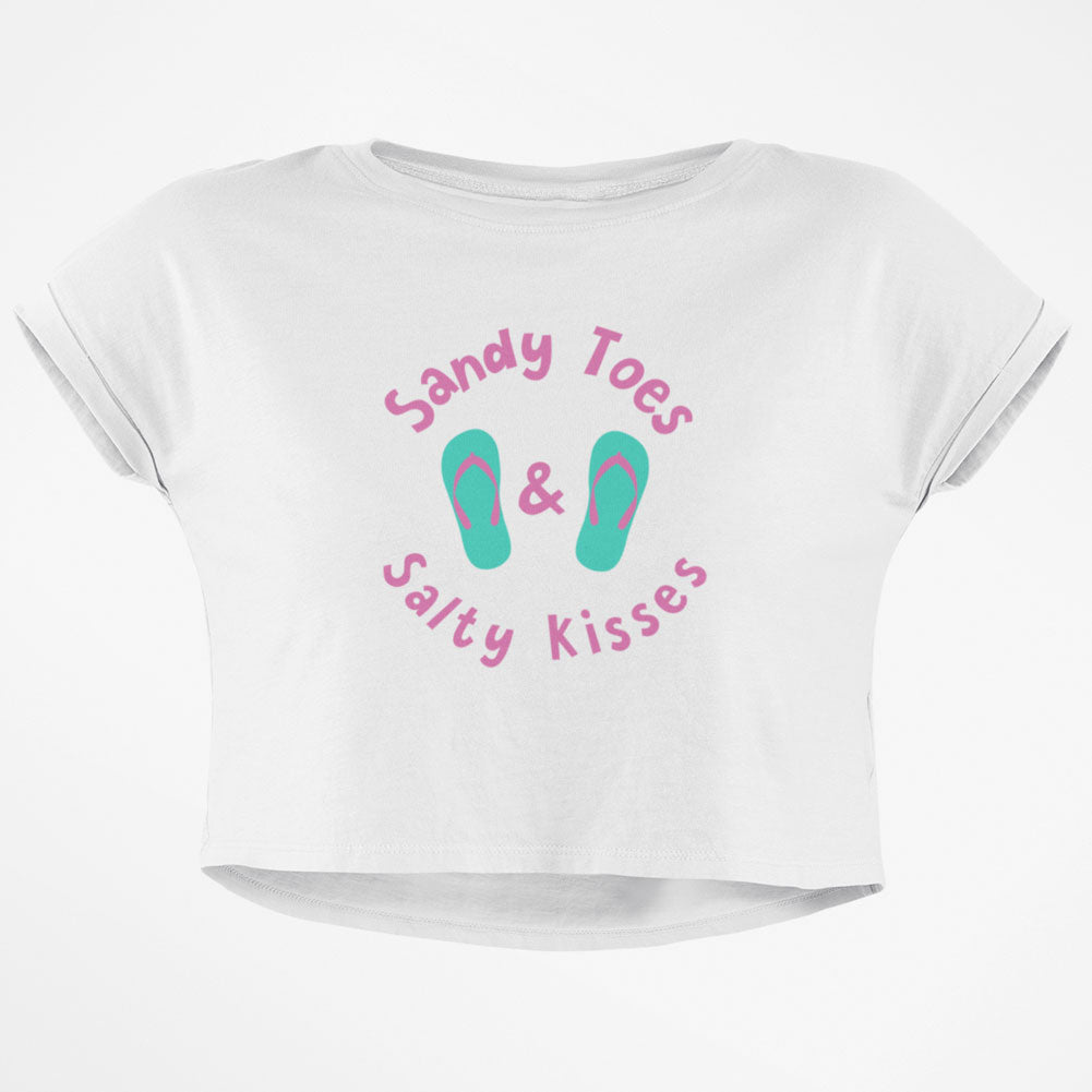 Summer Sun Sandy Toes and Salty Kisses Junior Boxy Crop Top T Shirt Juniors Crop T-Shirts Old Glory SM White 