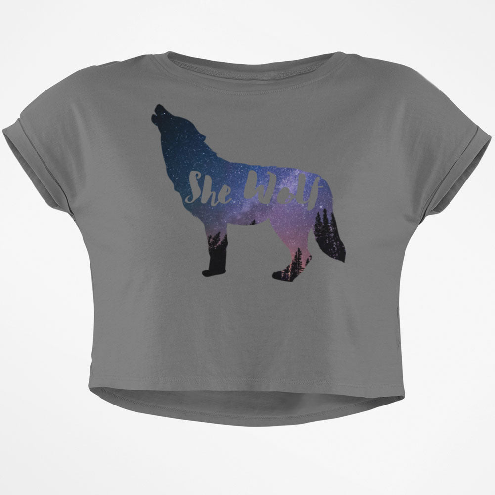 She Wolf Night Sky Landscape Junior Boxy Crop Top T Shirt Juniors Crop T-Shirts Old Glory SM Grey 