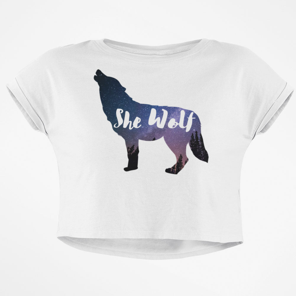 She Wolf Night Sky Landscape Junior Boxy Crop Top T Shirt Juniors Crop T-Shirts Old Glory SM White 