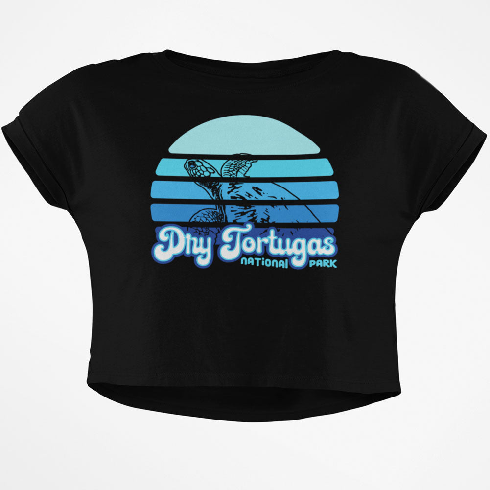 National Park Retro 70s Sunset Dry Tortugas Junior Boxy Crop Top T Shirt Juniors Crop T-Shirts Old Glory SM Black 