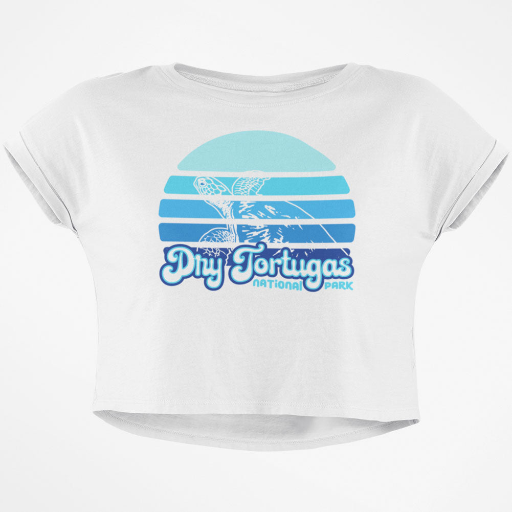 National Park Retro 70s Sunset Dry Tortugas Junior Boxy Crop Top T Shirt Juniors Crop T-Shirts Old Glory SM White 